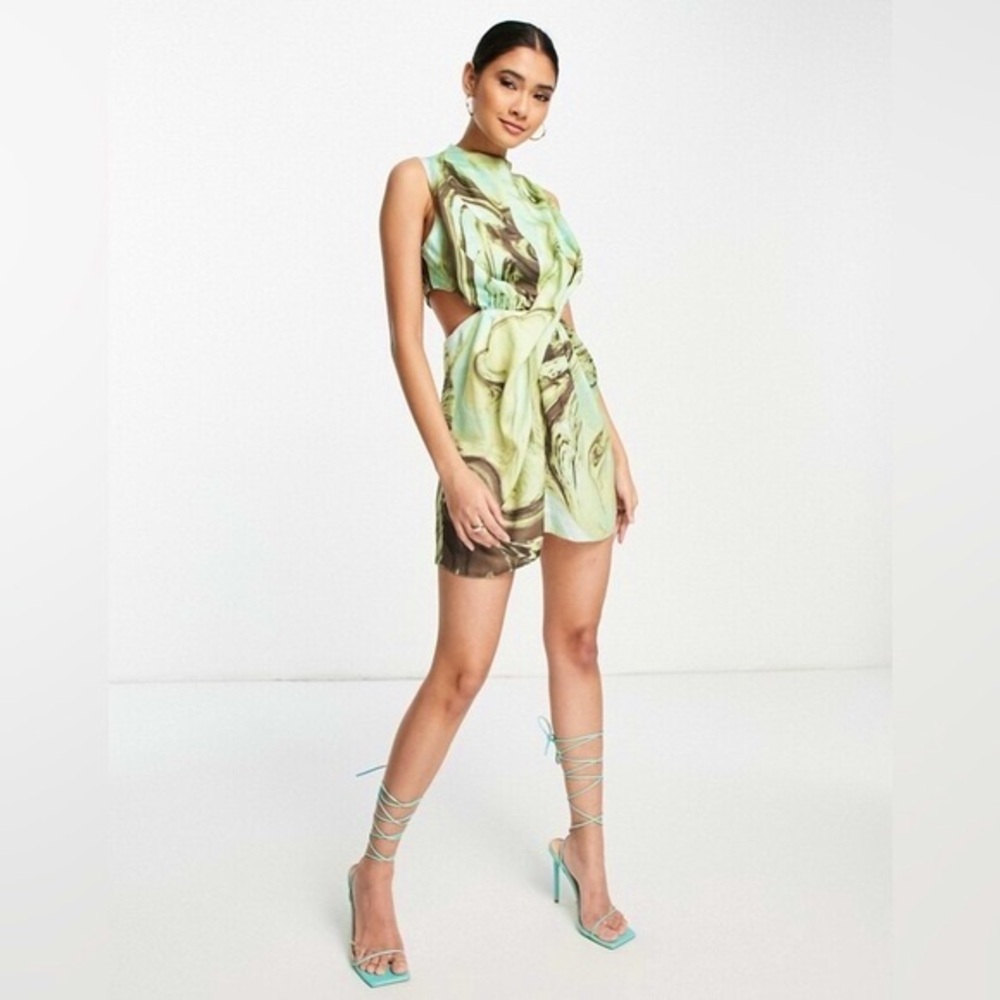 NWT ASOS DESIGN high neck drape front mini dress cut outs marble print mint sz 2